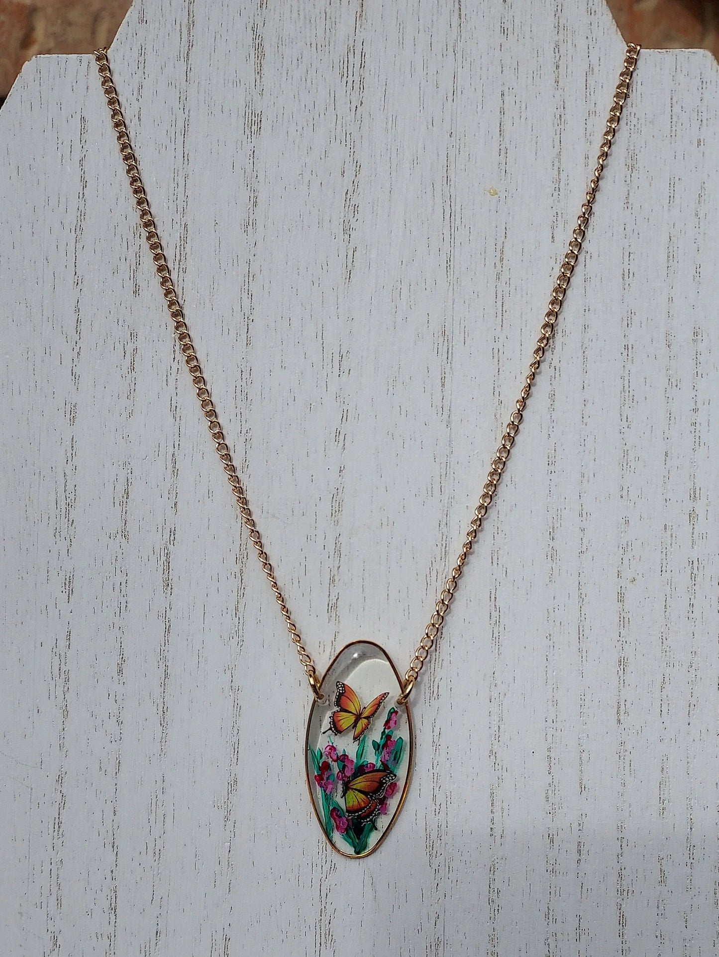 Hand Painted Oval Pendant Butterflies and Flowers Necklace #1