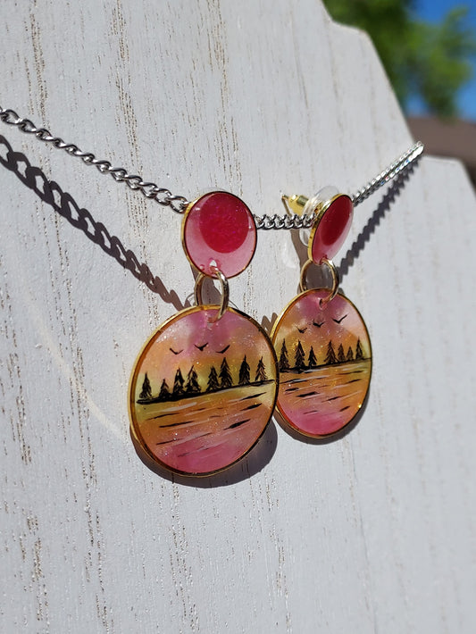 Hand  Painted Lakeview Sunset Earrings #1