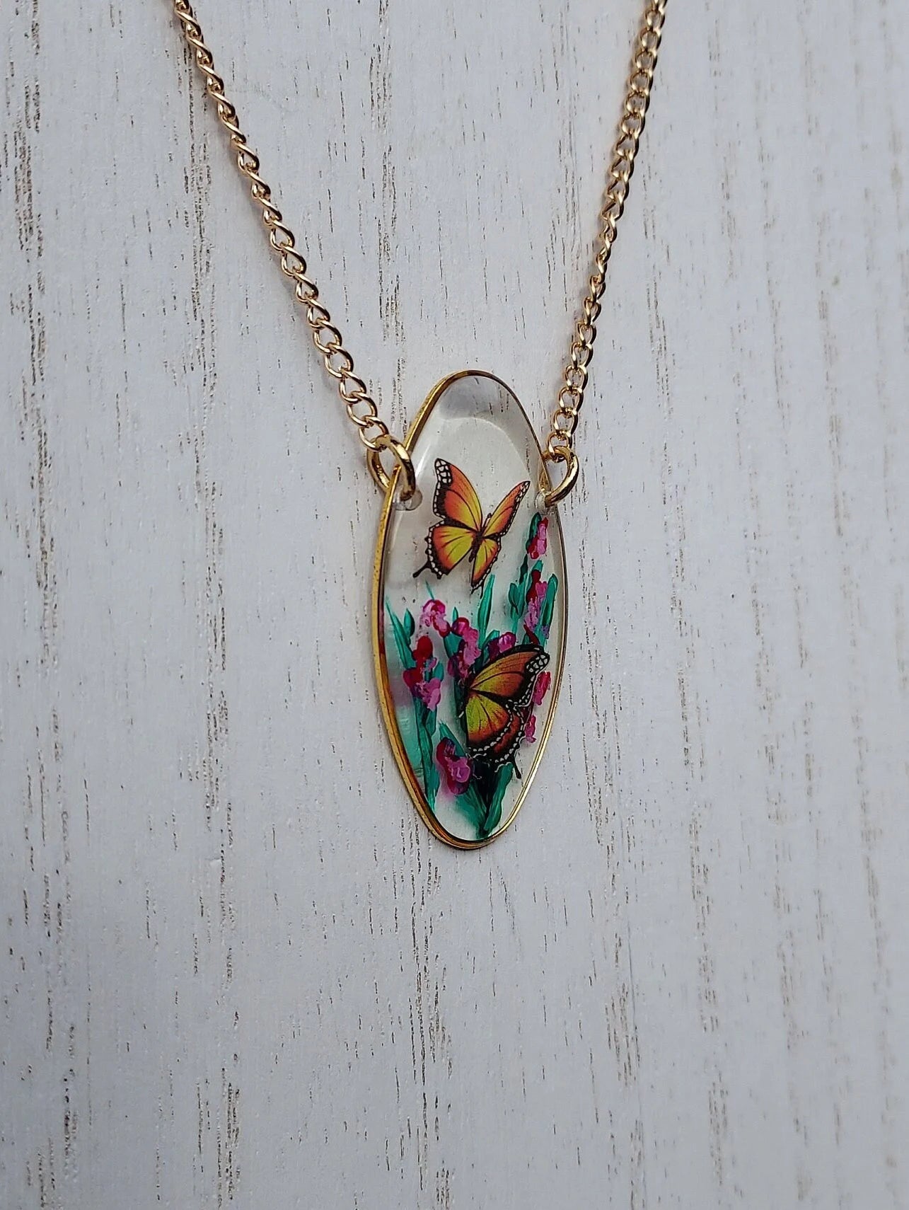 Hand Painted Oval Pendant Butterflies and Flowers Necklace #1