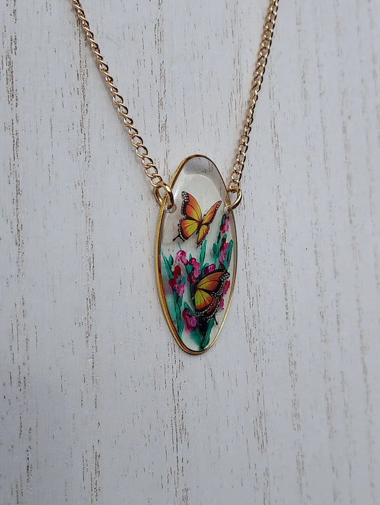 Hand Painted Oval Pendant Butterflies and Flowers Necklace #1