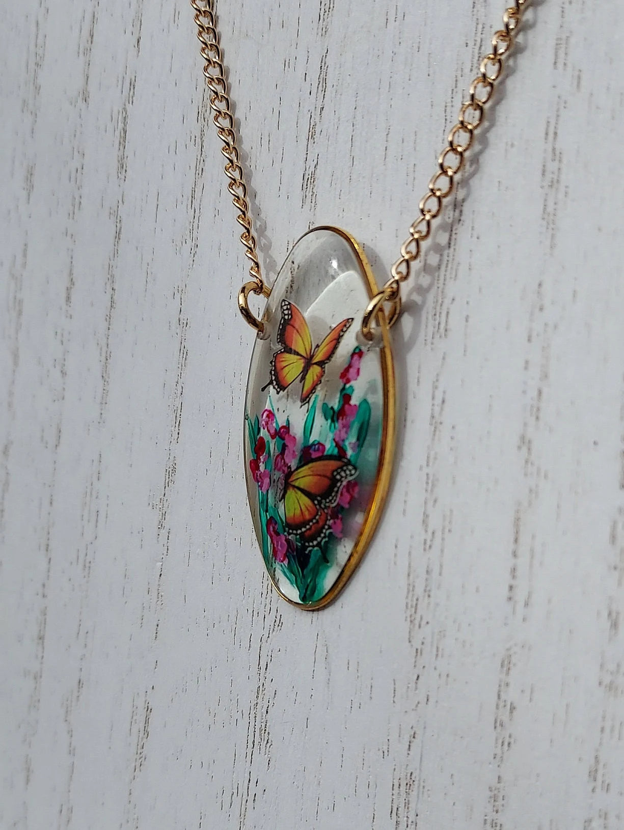 Hand Painted Oval Pendant Butterflies and Flowers Necklace #1